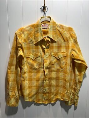 Vintage Bison brand yellow plaid western wear shirt pearl snaps M